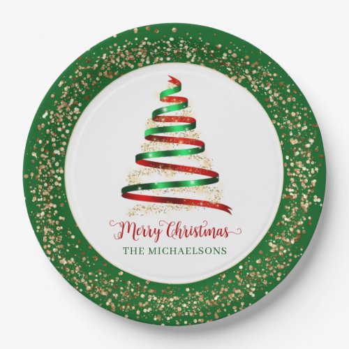 Ribbon Merry Christmas Tree Gold Glitter Paper Plates