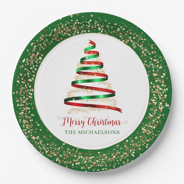Ribbon Merry Christmas Tree Gold Glitter Paper Plates (Front)