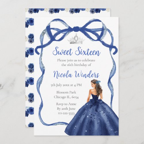 Ribbon Navy Blue Brown Hair Princess Sweet Sixteen Invitation