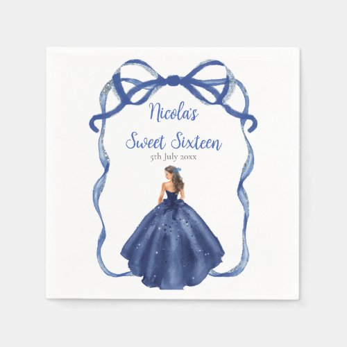Ribbon Navy Blue Brown Hair Princess Sweet Sixteen Napkins