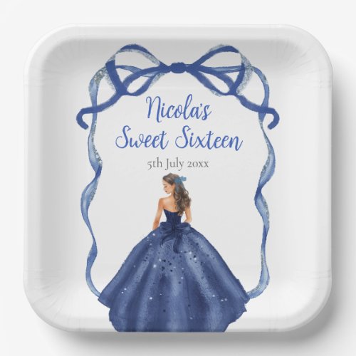 Ribbon Navy Blue Brown Hair Princess Sweet Sixteen Paper Plates
