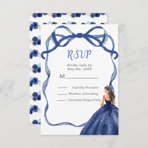 Ribbon Navy Blue Brown Hair Princess Sweet Sixteen RSVP Card