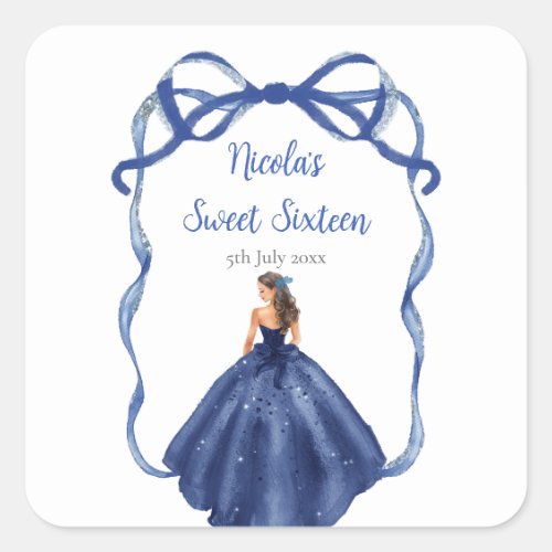 Ribbon Navy Blue Brown Hair Princess Sweet Sixteen Square Sticker