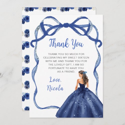 Ribbon Navy Blue Brown Hair Princess Sweet Sixteen Thank You Card