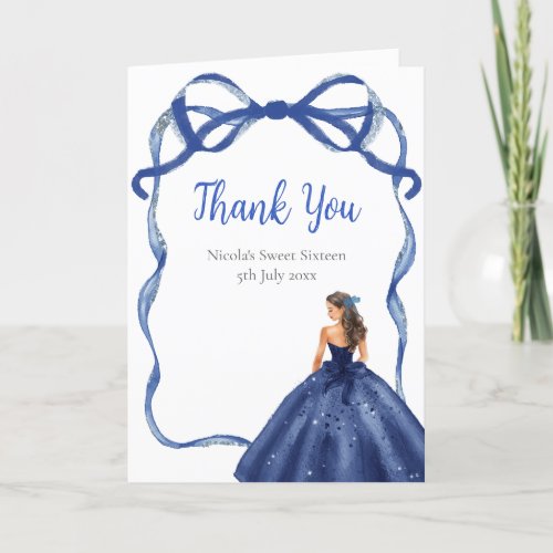 Ribbon Navy Blue Brown Hair Princess Sweet Sixteen Thank You Card