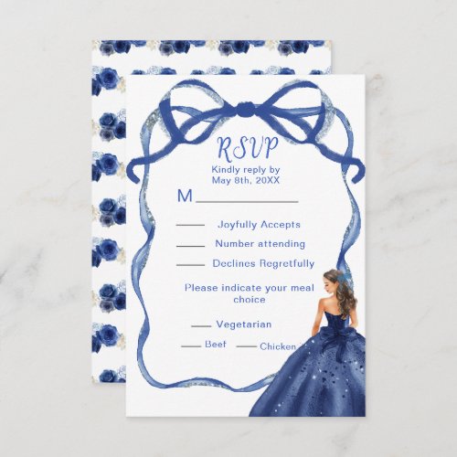 Ribbon Navy Blue Brunette Sweet Sixteen RSVP