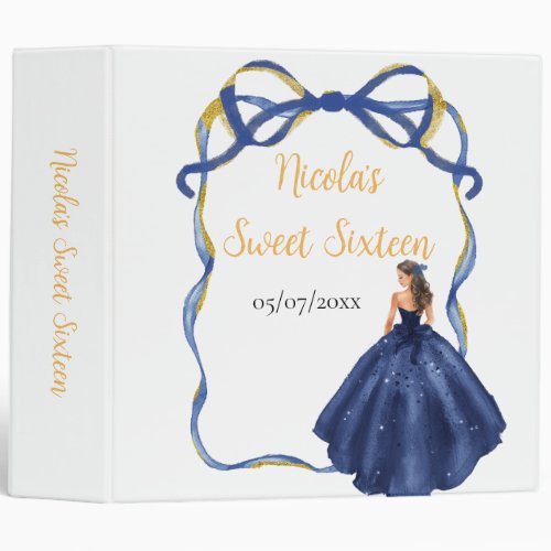 Ribbon Navy Gold Brown Hair Princess Sweet Sixteen 3 Ring Binder