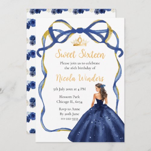 Ribbon Navy Gold Brown Hair Princess Sweet Sixteen Invitation