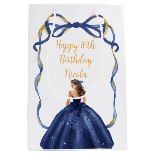 Ribbon Navy Gold Brown Hair Princess Sweet Sixteen Medium Gift Bag