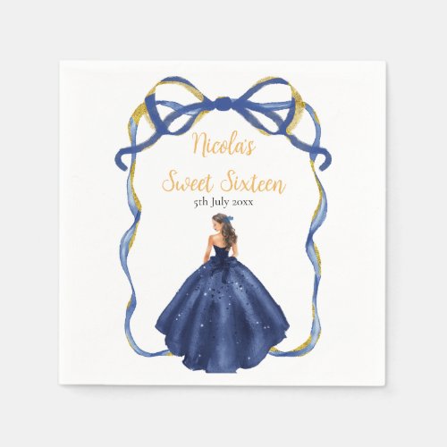 Ribbon Navy Gold Brown Hair Princess Sweet Sixteen Napkins