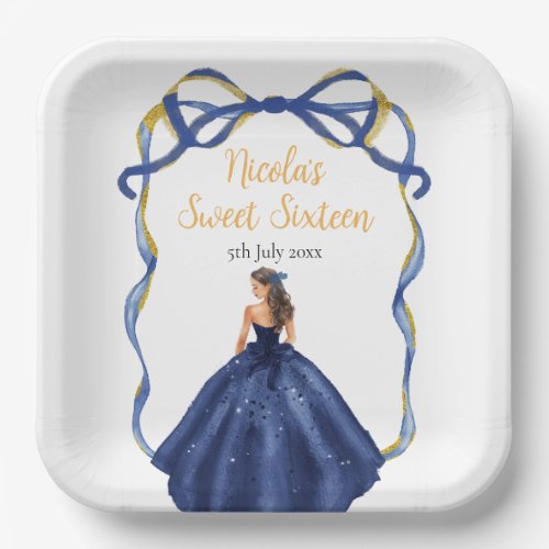 Ribbon Navy Gold Brown Hair Princess Sweet Sixteen Paper Plates