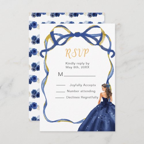 Ribbon Navy Gold Brown Hair Princess Sweet Sixteen RSVP Card