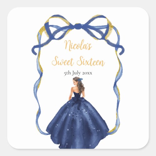 Ribbon Navy Gold Brown Hair Princess Sweet Sixteen Square Sticker