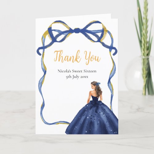 Ribbon Navy Gold Brown Hair Princess Sweet Sixteen Thank You Card