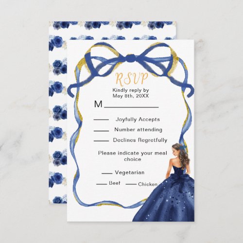 Ribbon Navy Gold Brown Hair Sweet Sixteen RSVP