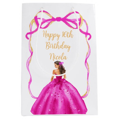 Ribbon Pink Brown Hair Princess Sweet Sixteen Medium Gift Bag
