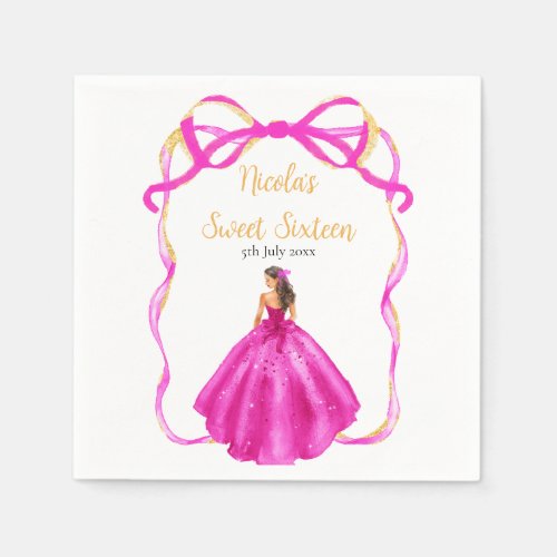 Ribbon Pink Brown Hair Princess Sweet Sixteen Napkins
