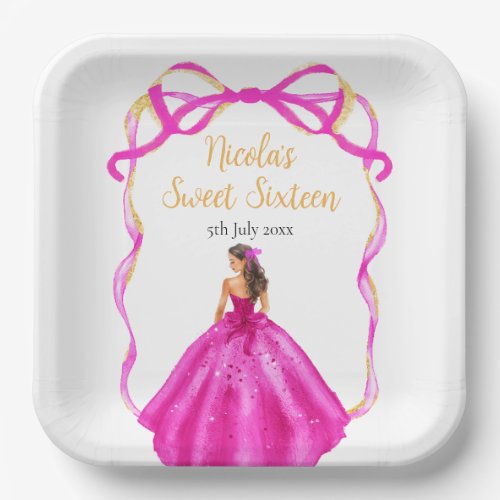 Ribbon Pink Brown Hair Princess Sweet Sixteen Paper Plates
