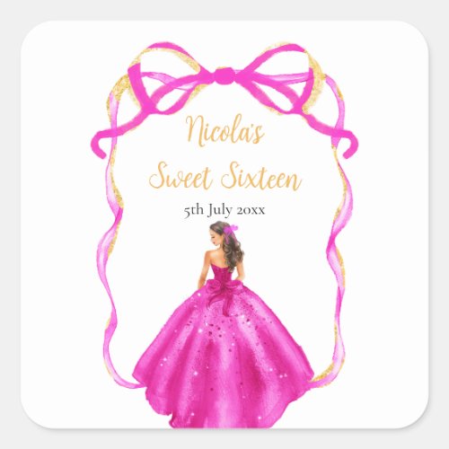 Ribbon pink Brown Hair Princess Sweet Sixteen Square Sticker
