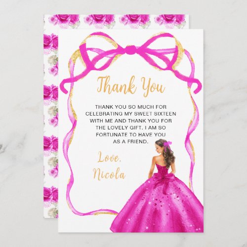 Ribbon Pink Brown Hair Princess Sweet Sixteen Thank You Card