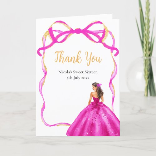 Ribbon Pink Brown Hair Princess Sweet Sixteen Thank You Card