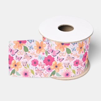 Ribbon Pink Floral Garden with Butterflies