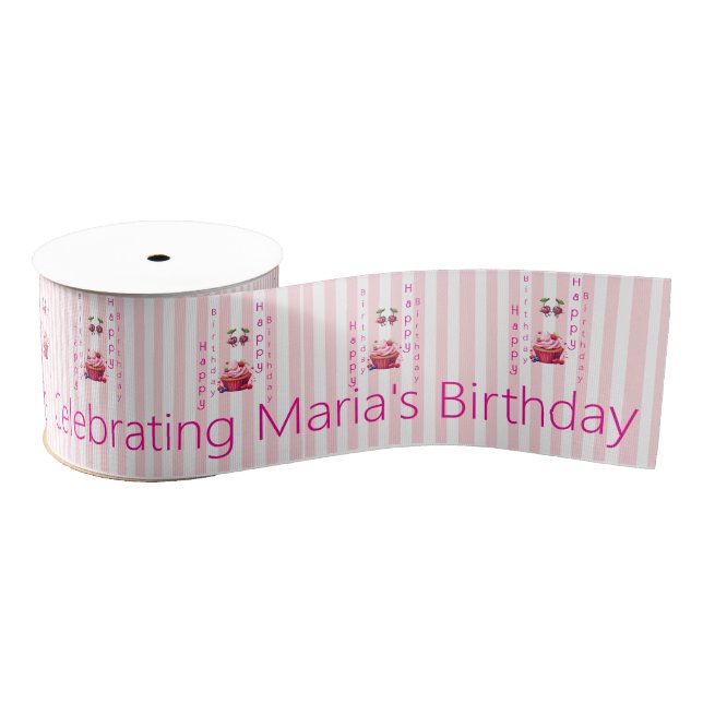 Ribbon Pink & White Stripe Happy Birthday  (Spool)
