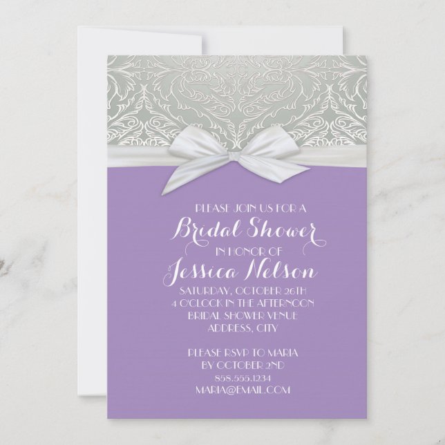 Ribbon Purple/Silver Lace Damask Bridal Shower Invitation (Front)