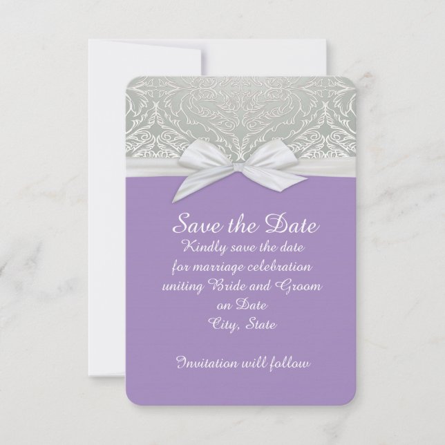 Ribbon Purple/Silver Lace Damask Save the date (Front)
