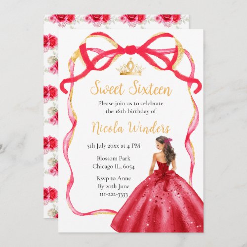 Ribbon Red and Gold Princess Sweet Sixteen Invitation