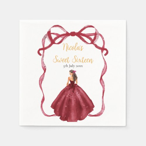 Ribbon Red Brown Hair Princess Sweet Sixteen Napkins