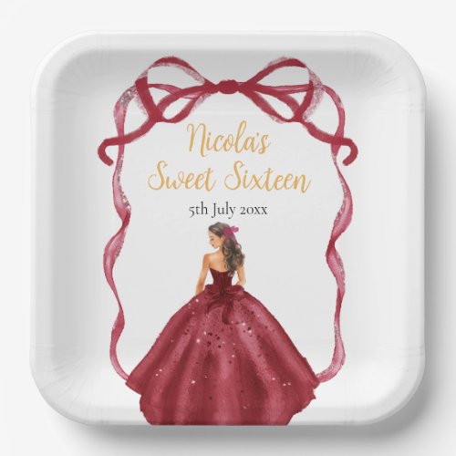 Ribbon Red Brown Hair Princess Sweet Sixteen Paper Plates