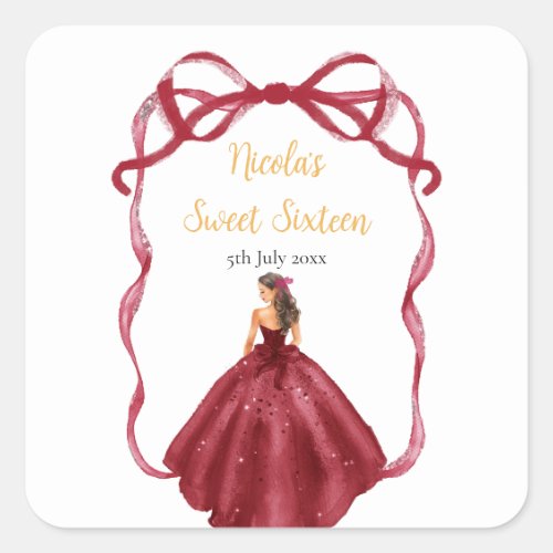 Ribbon Red Brown Hair Princess Sweet Sixteen Square Sticker