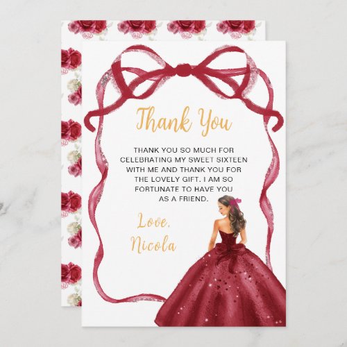 Ribbon Red Brown Hair Princess Sweet Sixteen Thank You Card