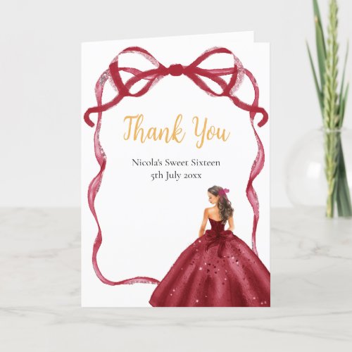 Ribbon Red Brown Hair Princess Sweet Sixteen Thank You Card