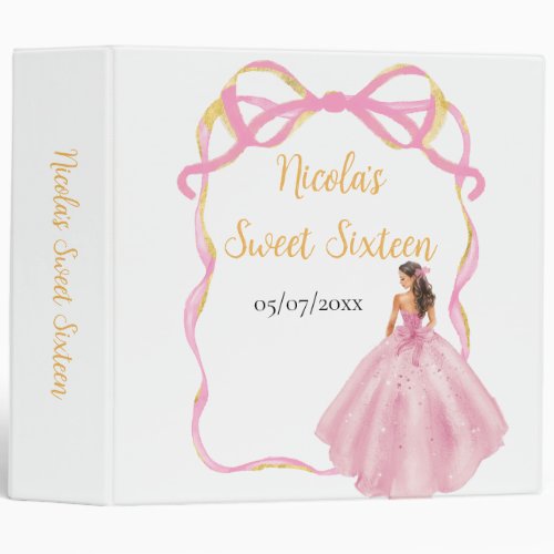 Ribbon Rose Pink and Gold Princess Sweet Sixteen 3 Ring Binder