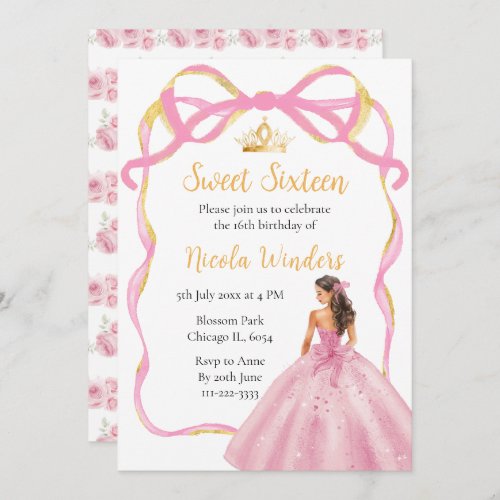 Ribbon Rose Pink and Gold Princess Sweet Sixteen Invitation