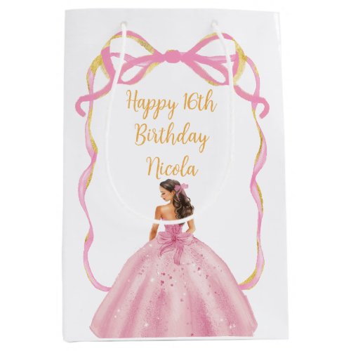Ribbon Rose Pink and Gold Princess Sweet Sixteen Medium Gift Bag