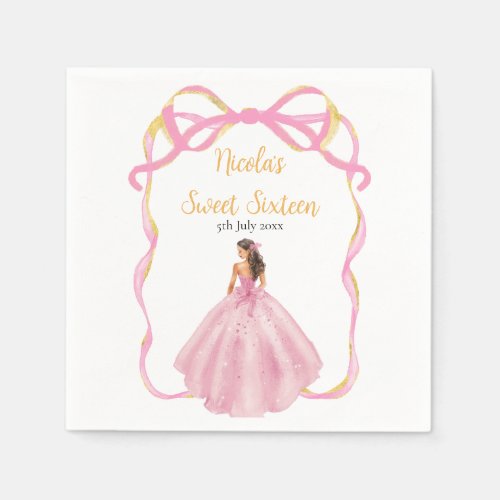 Ribbon Rose Pink and Gold Princess Sweet Sixteen Napkins
