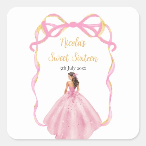 Ribbon Rose Pink and Gold Princess Sweet Sixteen Square Sticker