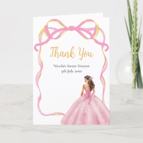 Ribbon Rose Pink and Gold Princess Sweet Sixteen Thank You Card
