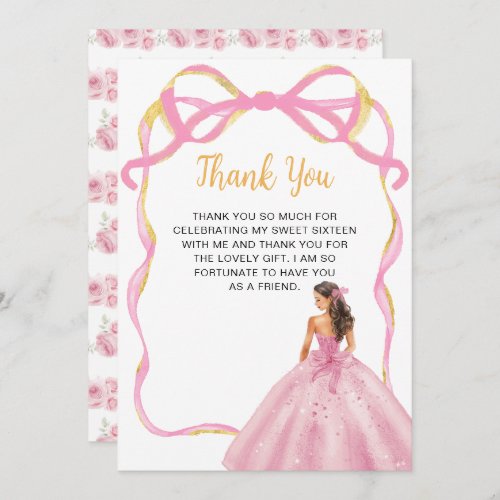 Ribbon Rose Pink and Gold Princess Sweet Sixteen Thank You Card