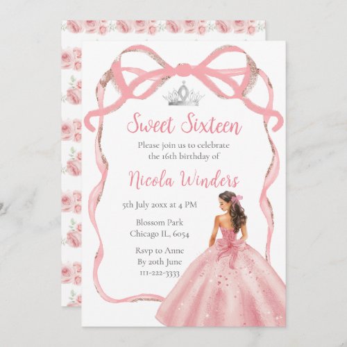 Ribbon Rose Pink and Silver Princess Sweet Sixteen Invitation