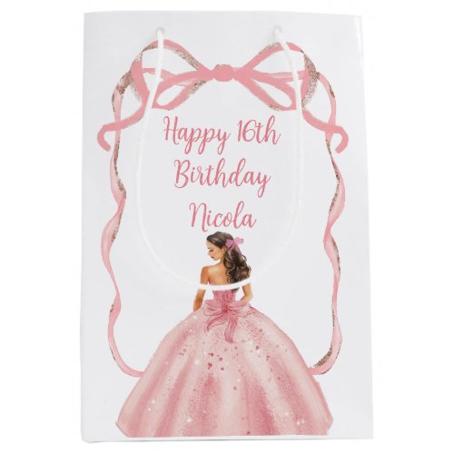 Ribbon Rose Pink and Silver Princess Sweet Sixteen Medium Gift Bag
