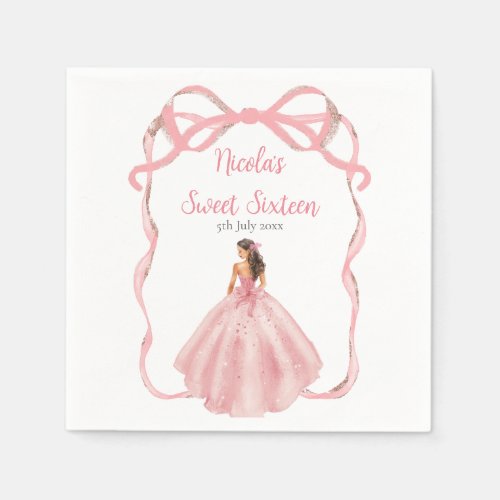 Ribbon Rose Pink and Silver Princess Sweet Sixteen Napkins