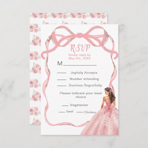 Ribbon Rose Pink and Silver Princess Sweet Sixteen RSVP Card