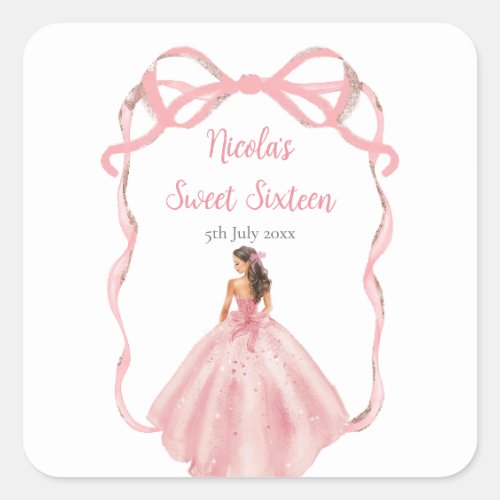Ribbon Rose Pink and Silver Princess Sweet Sixteen Square Sticker