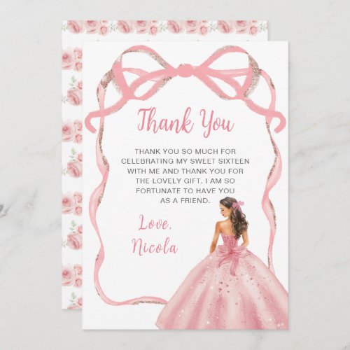 Ribbon Rose Pink and Silver Princess Sweet Sixteen Thank You Card