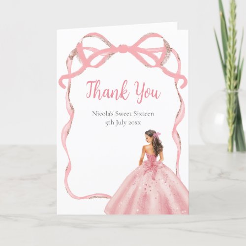 Ribbon Rose Pink and Silver Princess Sweet Sixteen Thank You Card