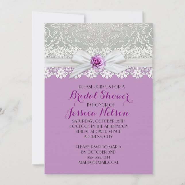 Ribbon Rose Silver Damask Lavender Bridal Shower Invitation (Front)